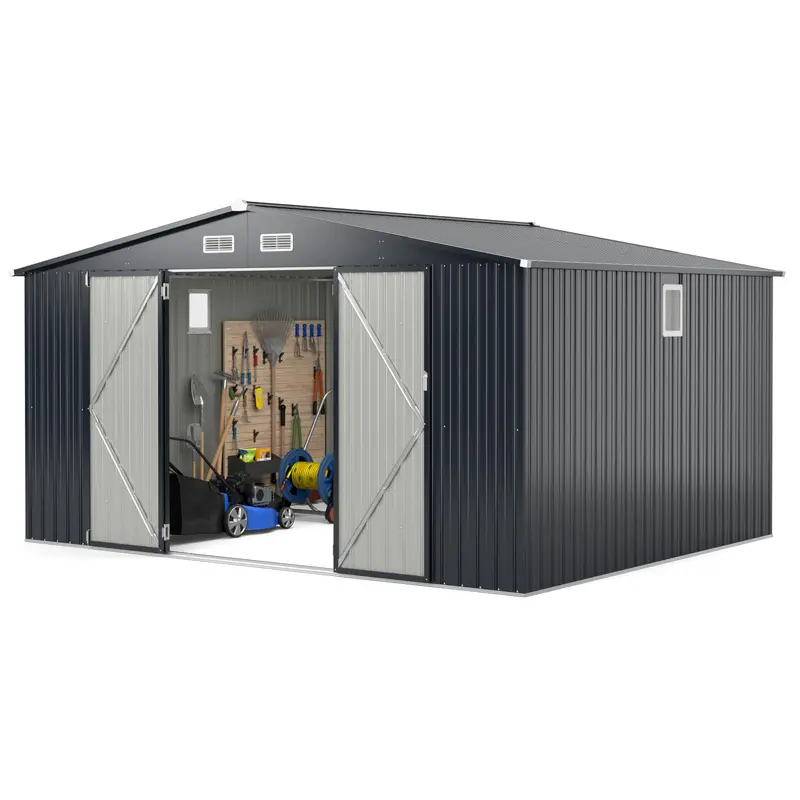 Goplus 12 x 9,8 Fuß (ca. 365 x 298 cm) Außenlagerhütte – Wetterfeste, rostfreie Nutzschuppen aus verzinktem Metall mit abschließbarer Tür und geneigtem Dach
