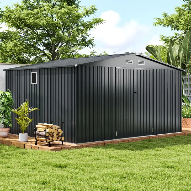 Goplus 12 x 9,8 Fuß (ca. 365 x 298 cm) Außenlagerhütte – Wetterfeste, rostfreie Nutzschuppen aus verzinktem Metall mit abschließbarer Tür und geneigtem Dach 2