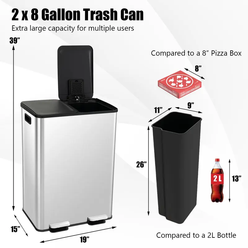 Goplus 16-Gallonen-(2×30-Liter)-Abfalleimer aus Edelstahl für die Küche 2