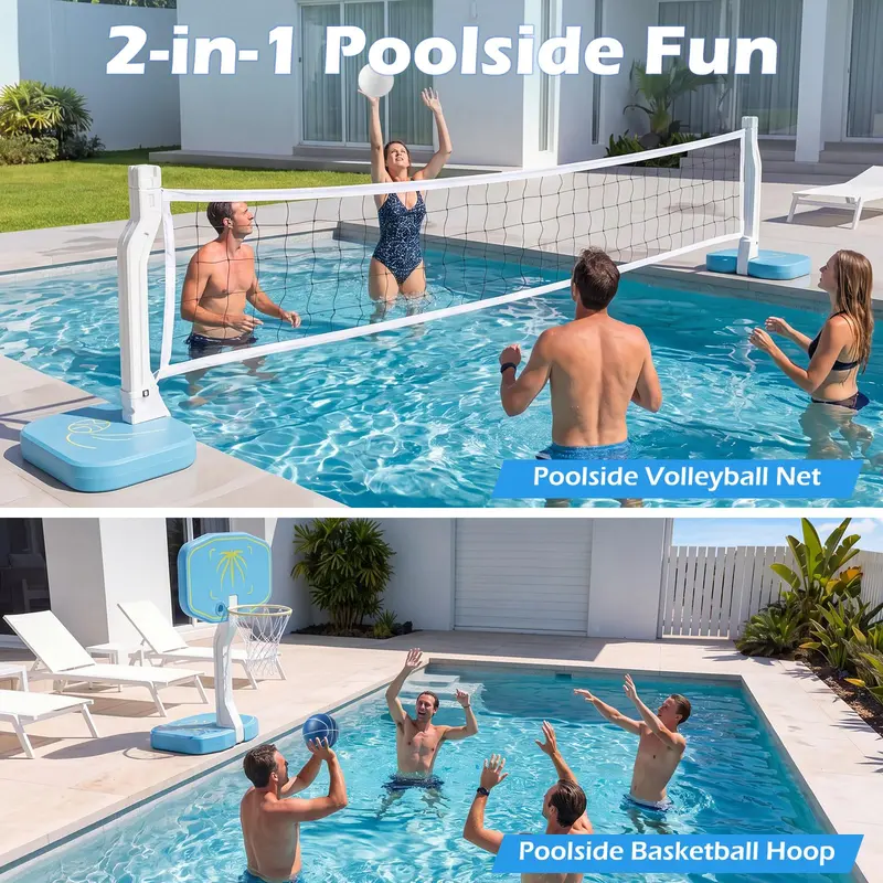Goplus 2-in-1-Pool-Basketballkorb & Volleyballnetz | Schwimmbad-Ballsport-Set