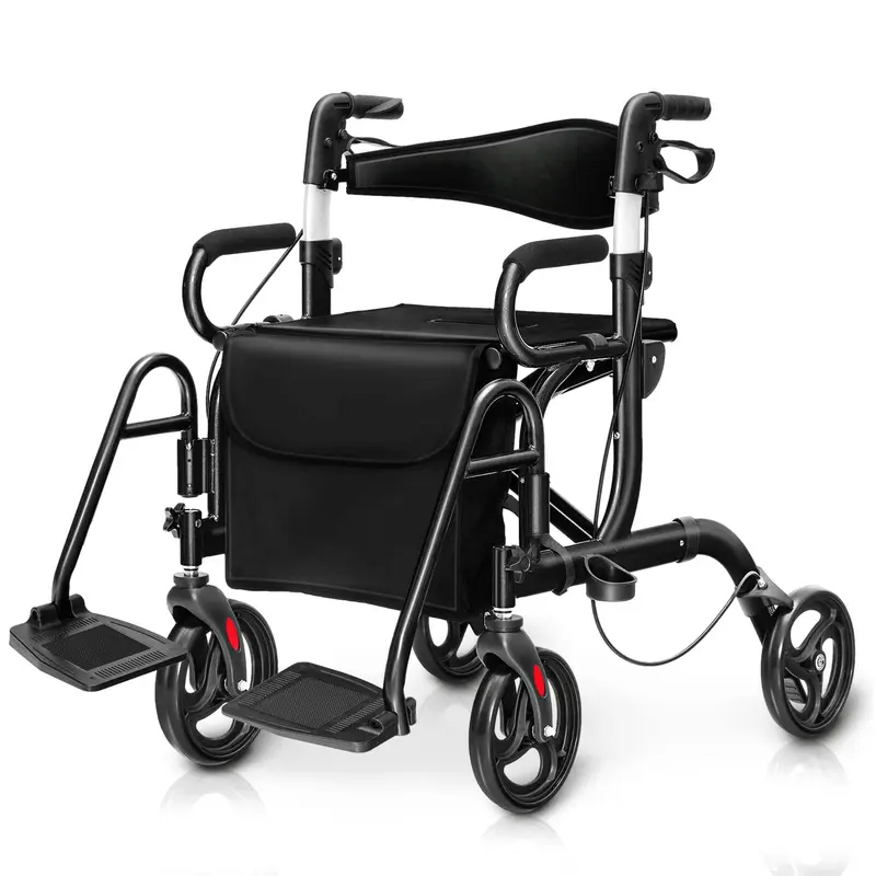 Goplus 2-in-1-Rollator für Senioren – Klappbarer Transportrollstuhl mit 20-cm-Rädern