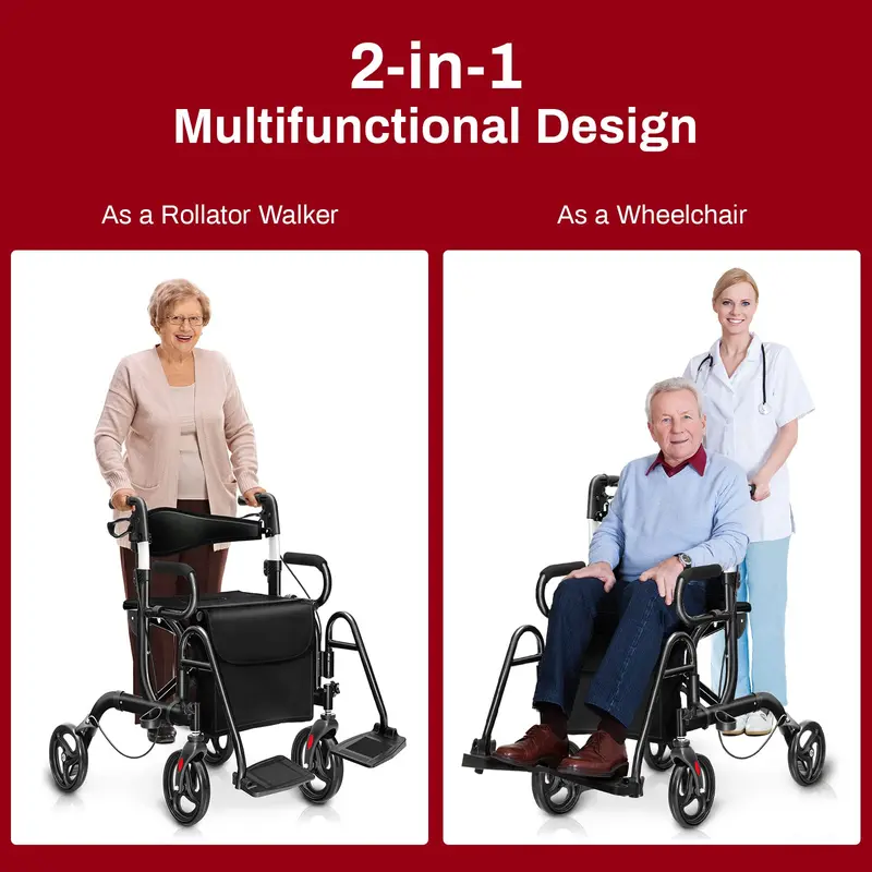 Goplus 2-in-1-Rollator für Senioren – Klappbarer Transportrollstuhl mit 20-cm-Rädern 2
