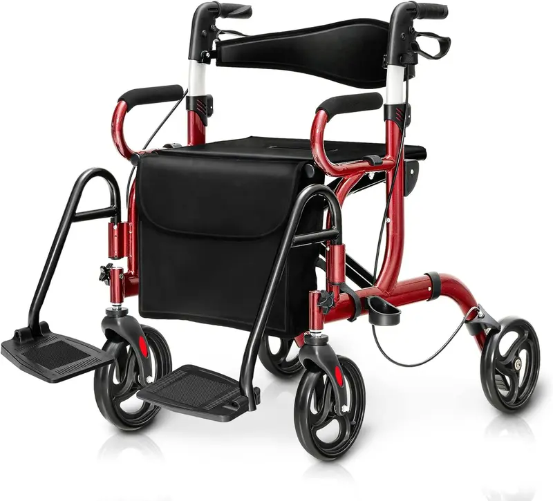 Goplus 2-in-1-Rollator für Senioren – Klappbarer Transportrollstuhl mit 20-cm-Rädern