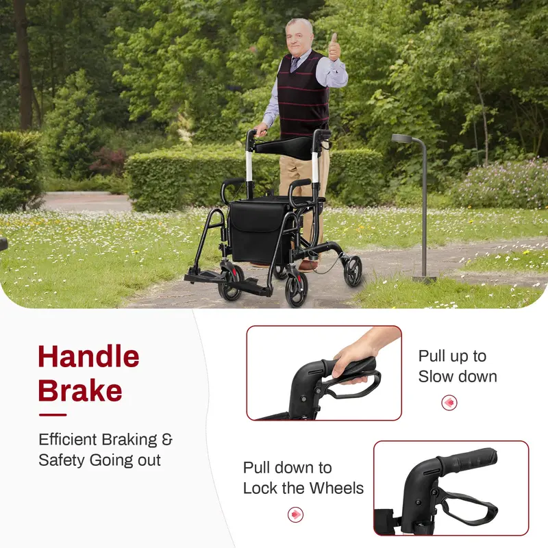 Goplus 2-in-1-Rollator für Senioren – Klappbarer Transportrollstuhl mit 20-cm-Rädern