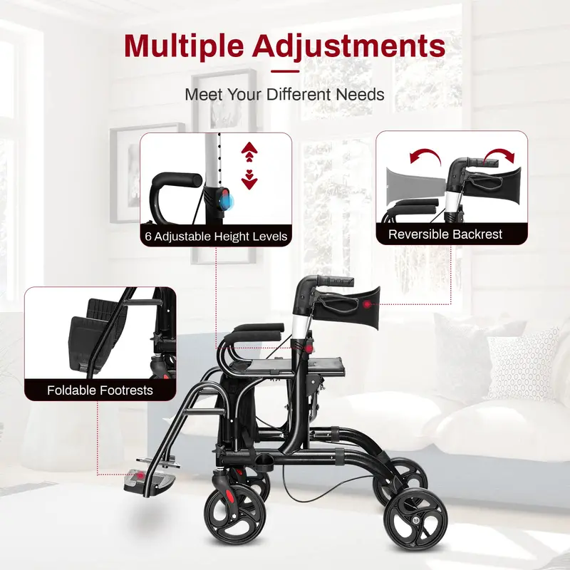 Goplus 2-in-1-Rollator für Senioren – Klappbarer Transportrollstuhl mit 20-cm-Rädern