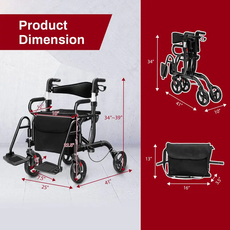Goplus 2-in-1-Rollator für Senioren – Klappbarer Transportrollstuhl mit 20-cm-Rädern