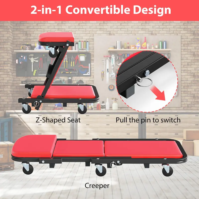 Goplus 2-in-1 Rollbare, klappbare Z-förmige Mechanikerbank mit 6 drehbaren Rollen