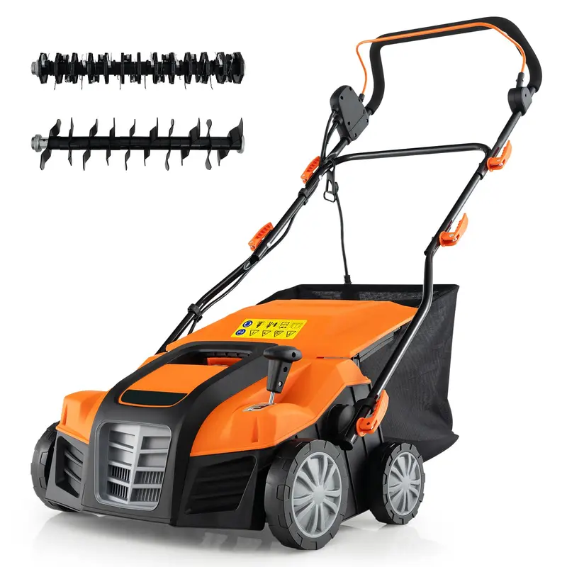 Goplus 2-in-1-Skarifikator und Rasenentmooser, elektrischer 16-Zoll-Rasenentmooser mit 15 A Netzanschluss und 14,5-Gallonen-Auffangbeutel