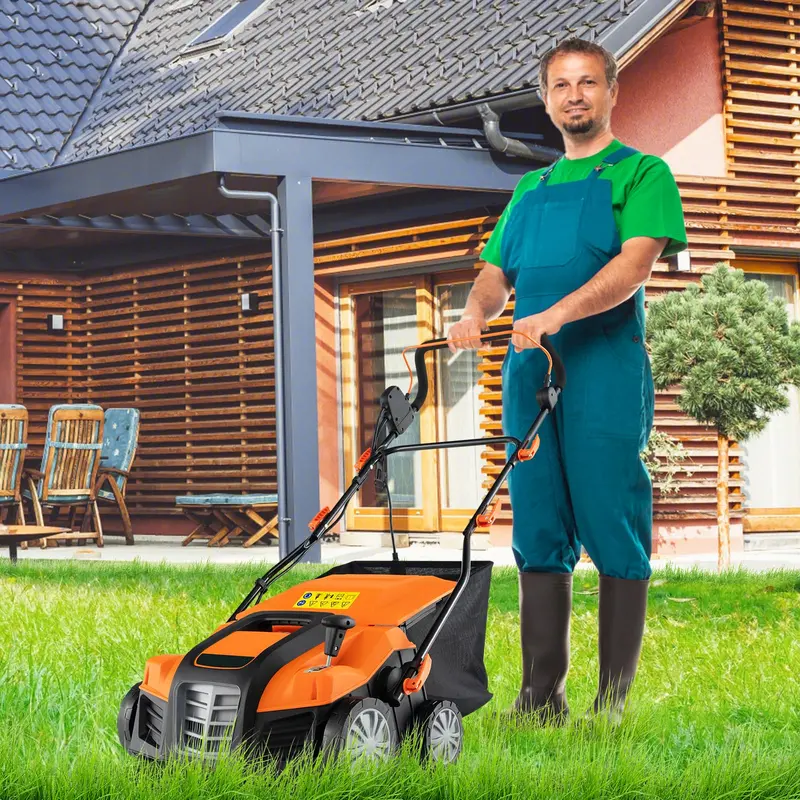 Goplus 2-in-1-Skarifikator und Rasenentmooser, elektrischer 16-Zoll-Rasenentmooser mit 15 A Netzanschluss und 14,5-Gallonen-Auffangbeutel