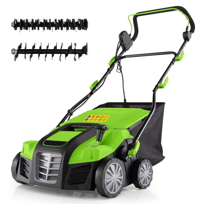 Goplus 2-in-1-Skarifikator und Rasenentmooser, elektrischer 16-Zoll-Rasenentmooser mit 15 A Netzanschluss und 14,5-Gallonen-Auffangbeutel