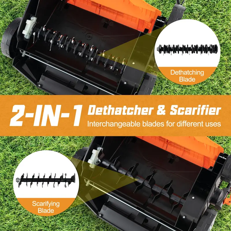 Goplus 2-in-1-Skarifikator und Rasenentmooser, elektrischer 16-Zoll-Rasenentmooser mit 15 A Netzanschluss und 14,5-Gallonen-Auffangbeutel