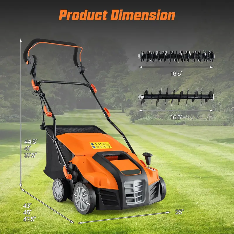 Goplus 2-in-1-Skarifikator und Rasenentmooser, elektrischer 16-Zoll-Rasenentmooser mit 15 A Netzanschluss und 14,5-Gallonen-Auffangbeutel