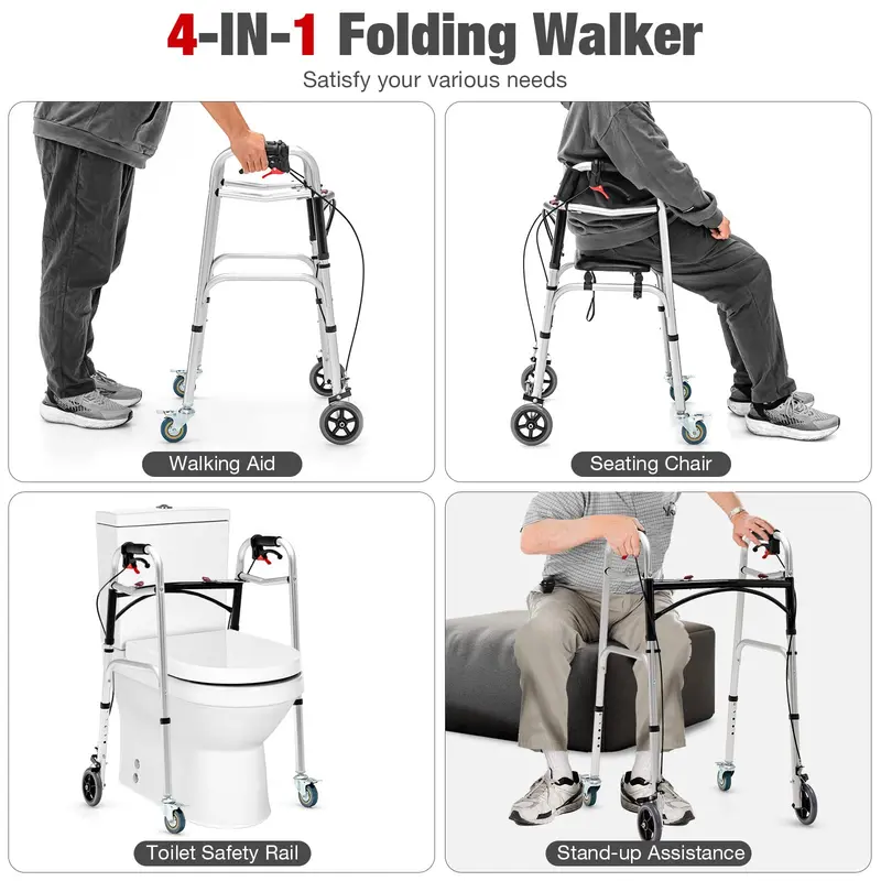 Goplus 2-Knopf-Klappgehwalker für Senioren, 4-in-1-Klappgehwalker