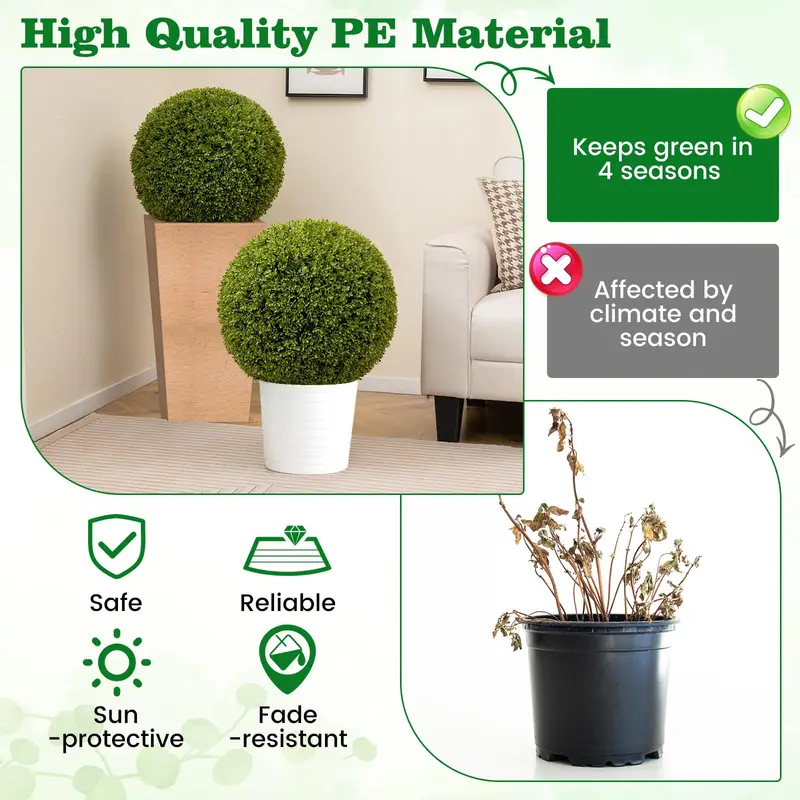 GoPlus 2 Stück künstliche Topiary-Kugeln aus Kunstbox, 20 Zoll (ca. 50 cm), runde, flauschige Blätter für Außenbereich