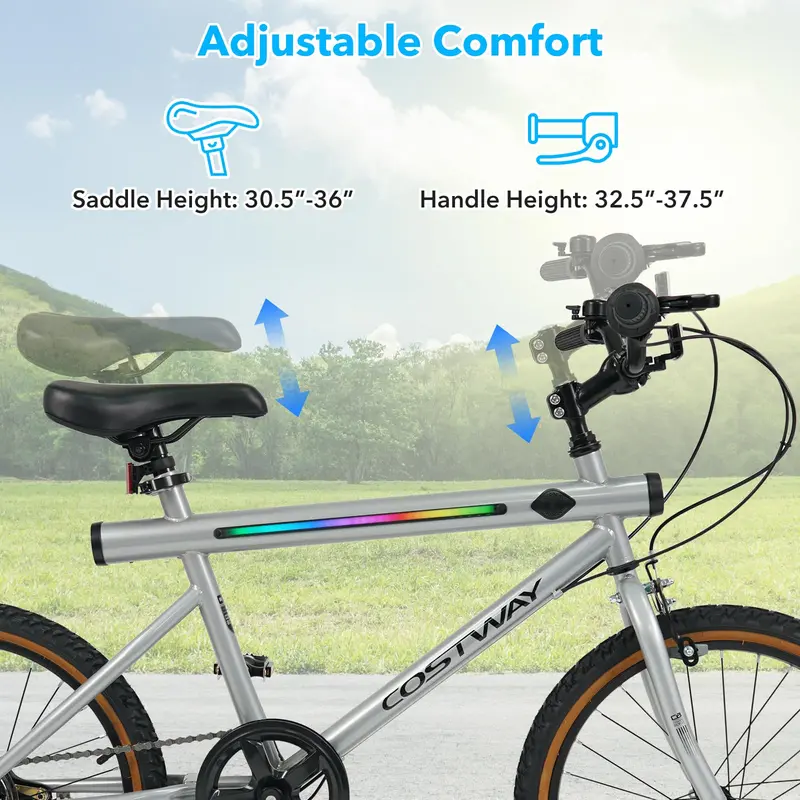 Goplus 20" LED-beleuchtetes Hybrid-Fahrrad mit Stereo-Lautsprechern und Rahmen aus hochfestem Kohlenstoffstahl