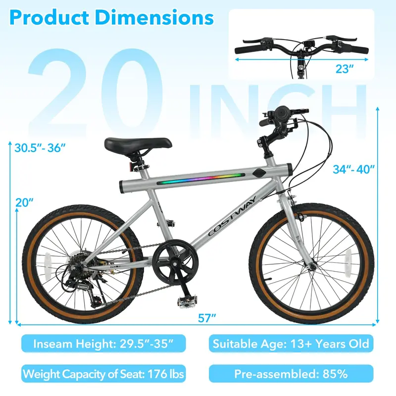Goplus 20-Zoll-LED-Fahrrad mit 2 Lautsprechern und Ambiente-Beleuchtung für Damen und Herren