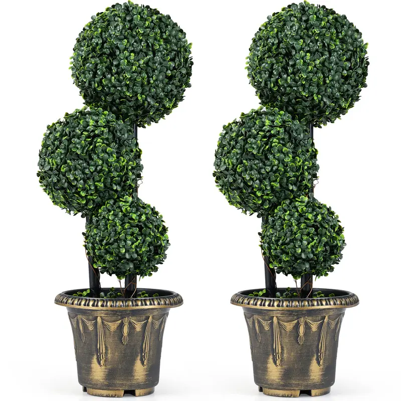 Goplus 2,5 ft künstlicher Buchsbaum-Topiary-Baum, immergrüne Kunst-Pflanzen im Topf (1/2 Packung) 2