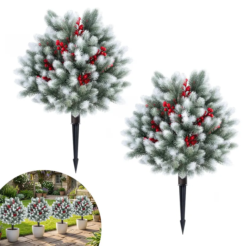 Goplus 27,5" künstliche Fichtennadeln-Büsche mit Erdspießen | Set aus 2 künstlichen Zedern-Topiary-Kugelbäumen