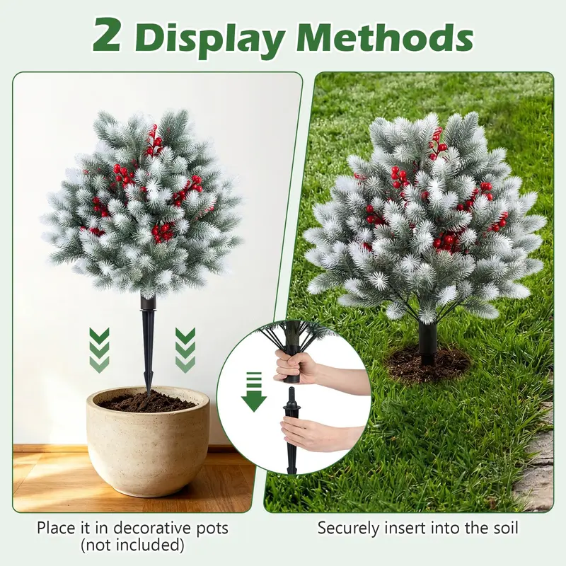 Goplus 27,5" künstliche Fichtennadeln-Büsche mit Erdspießen | Set aus 2 künstlichen Zedern-Topiary-Kugelbäumen