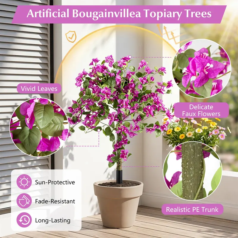 Goplus 2er-Pack künstliche Bougainvillea-Bäume | 43,5" sonnengeschützte künstliche Seidenblumenpflanzen