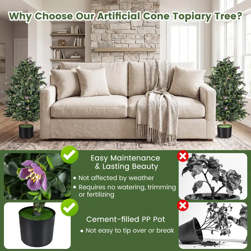 Goplus 2er-Pack künstlicher Topiary-Kegelbaum, 91 cm, mit 49 Blüten