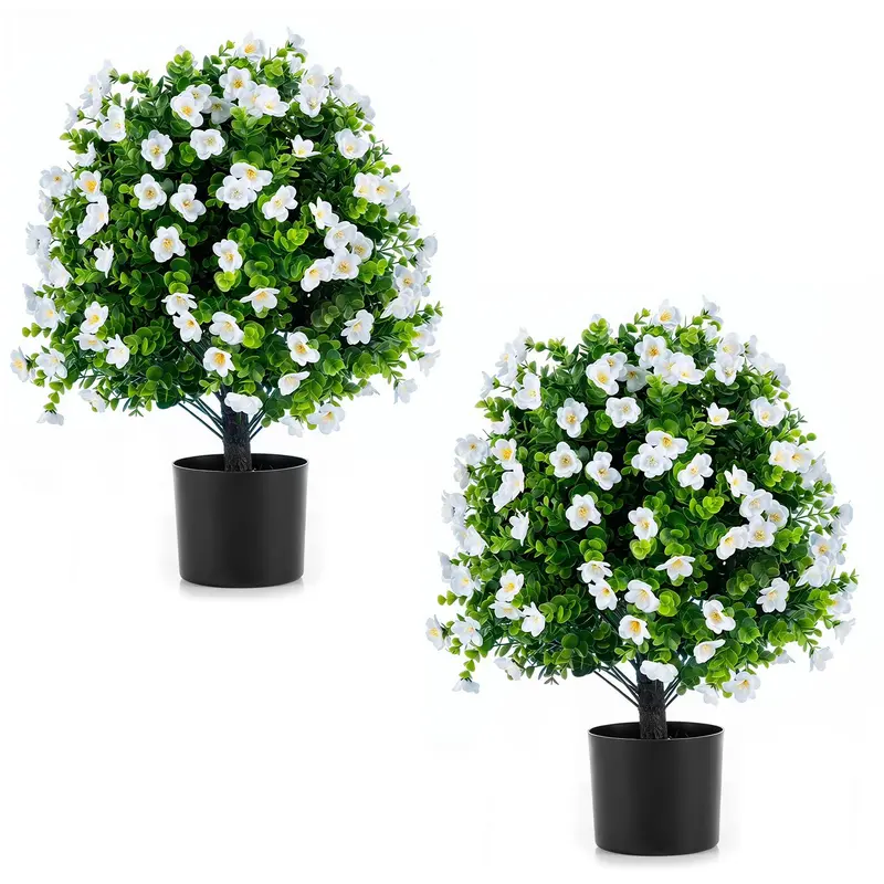Goplus 2er-Set künstliche Eukalyptus-Topiary-Kugelbäume mit Blüten und zementgefülltem Übertopf