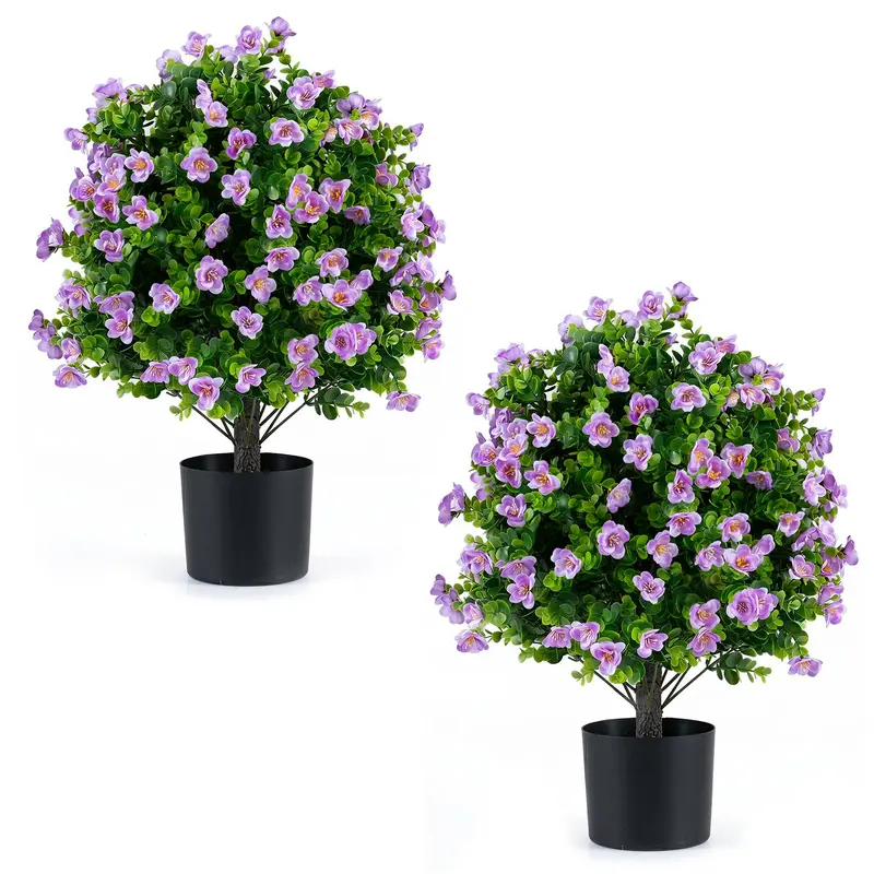 Goplus 2er-Set künstliche Eukalyptus-Topiary-Kugelbäume mit Blüten und zementgefülltem Übertopf
