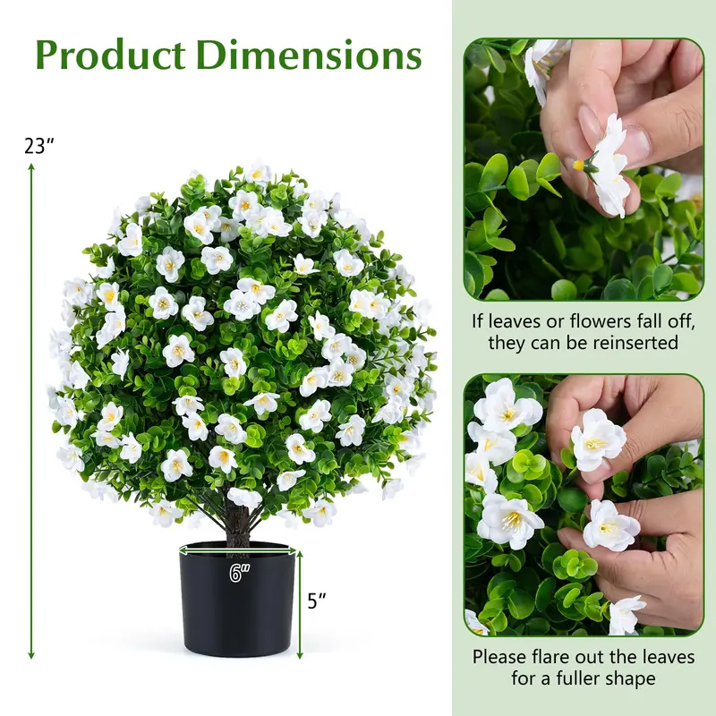 Goplus 2er-Set künstliche Eukalyptus-Topiary-Kugelbäume mit Blüten und zementgefülltem Übertopf