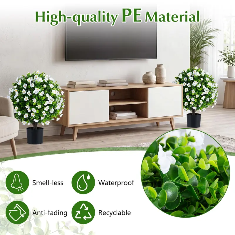 Goplus 2er-Set künstliche Eukalyptus-Topiary-Kugelbäume mit Blüten und zementgefülltem Übertopf