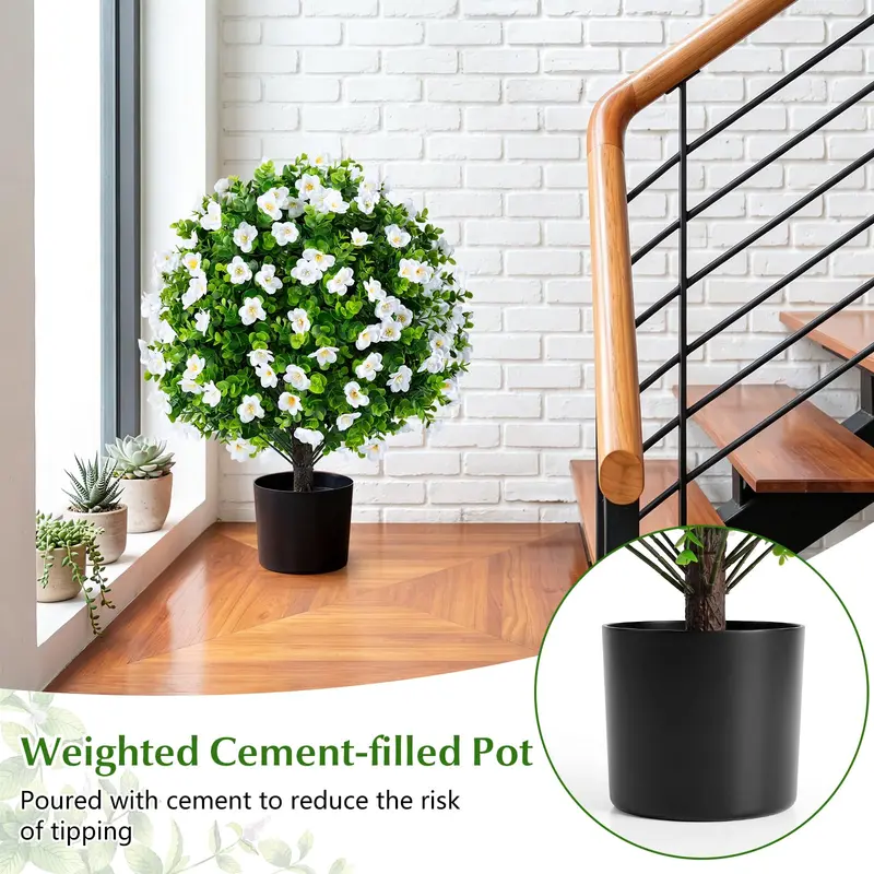 Goplus 2er-Set künstliche Eukalyptus-Topiary-Kugelbäume mit Blüten und zementgefülltem Übertopf