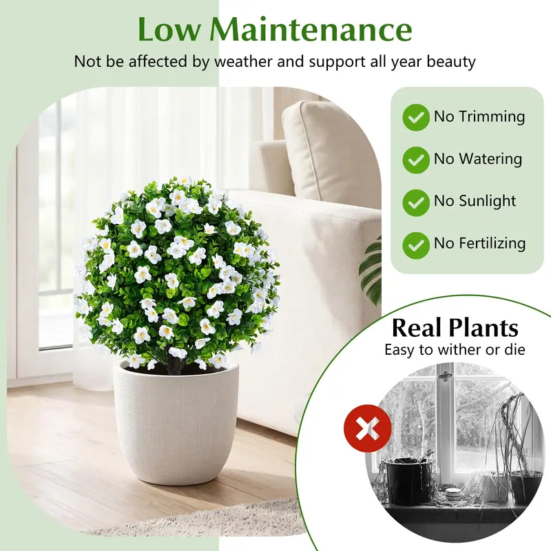 Goplus 2er-Set künstliche Eukalyptus-Topiary-Kugelbäume mit Blüten und zementgefülltem Übertopf