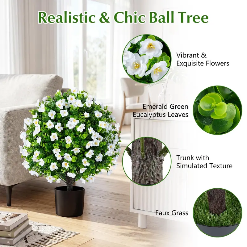 Goplus 2er-Set künstliche Eukalyptus-Topiary-Kugelbäume mit Blüten und zementgefülltem Übertopf