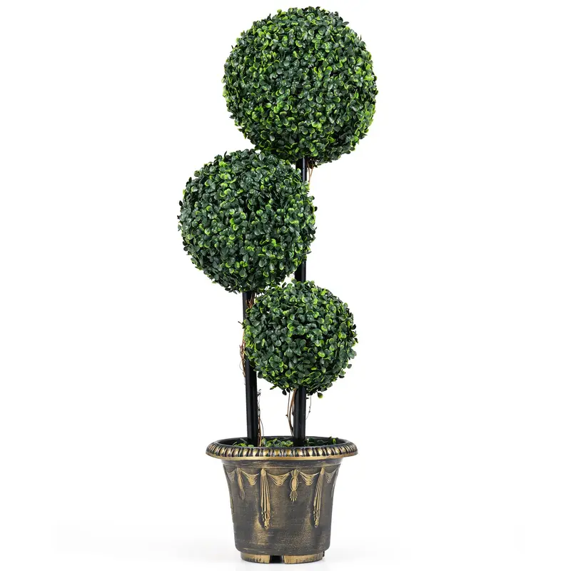 Goplus 3 FT künstlicher Buchsbaum-Topiary-Baum mit Sonnenschutz – Dreikugel-Fake-Pflanze, Sträucher (1/2 Pack)