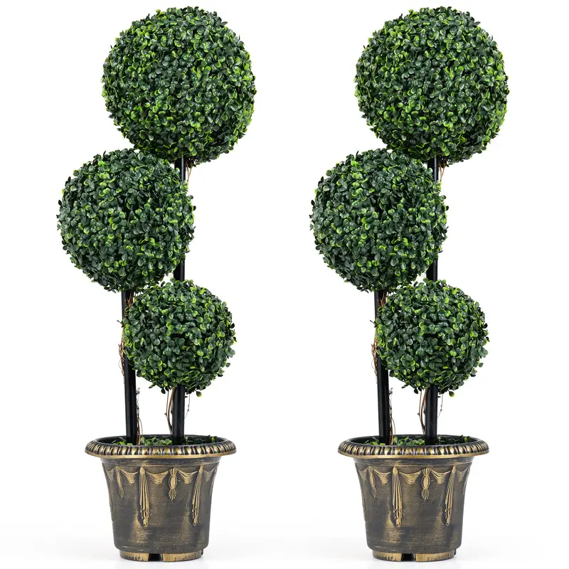Goplus 3 FT künstlicher Buchsbaum-Topiary-Baum mit Sonnenschutz – Dreikugel-Fake-Pflanze, Sträucher (1/2 Pack) 2