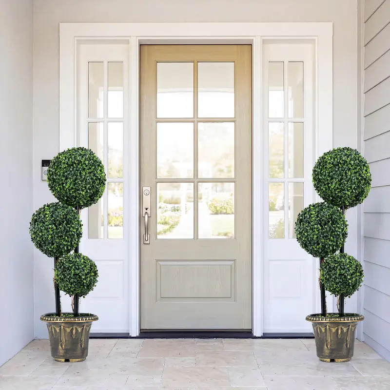 Goplus 3 FT künstlicher Buchsbaum-Topiary-Baum mit Sonnenschutz – Dreikugel-Fake-Pflanze, Sträucher (1/2 Pack)