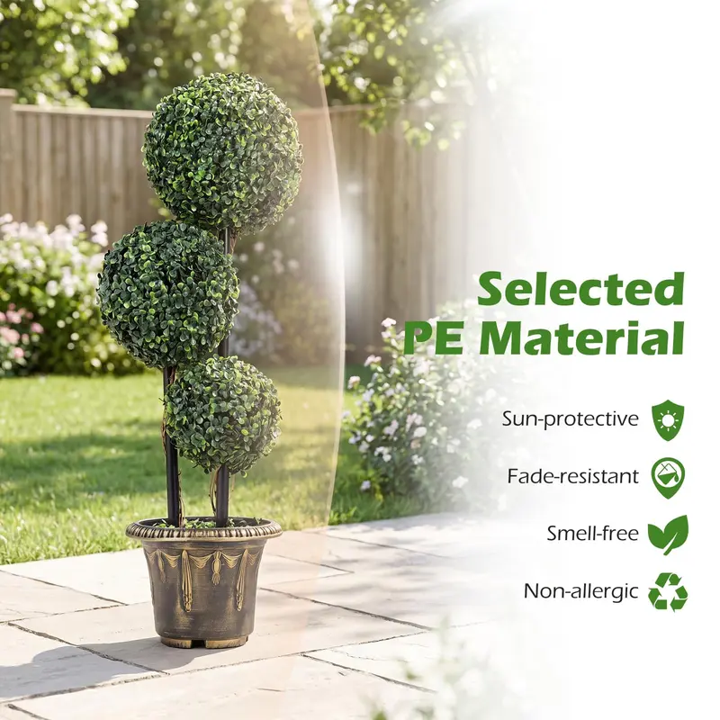 Goplus 3 FT künstlicher Buchsbaum-Topiary-Baum mit Sonnenschutz – Dreikugel-Fake-Pflanze, Sträucher (1/2 Pack)