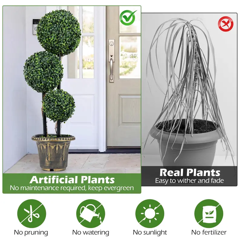 Goplus 3 FT künstlicher Buchsbaum-Topiary-Baum mit Sonnenschutz – Dreikugel-Fake-Pflanze, Sträucher (1/2 Pack)