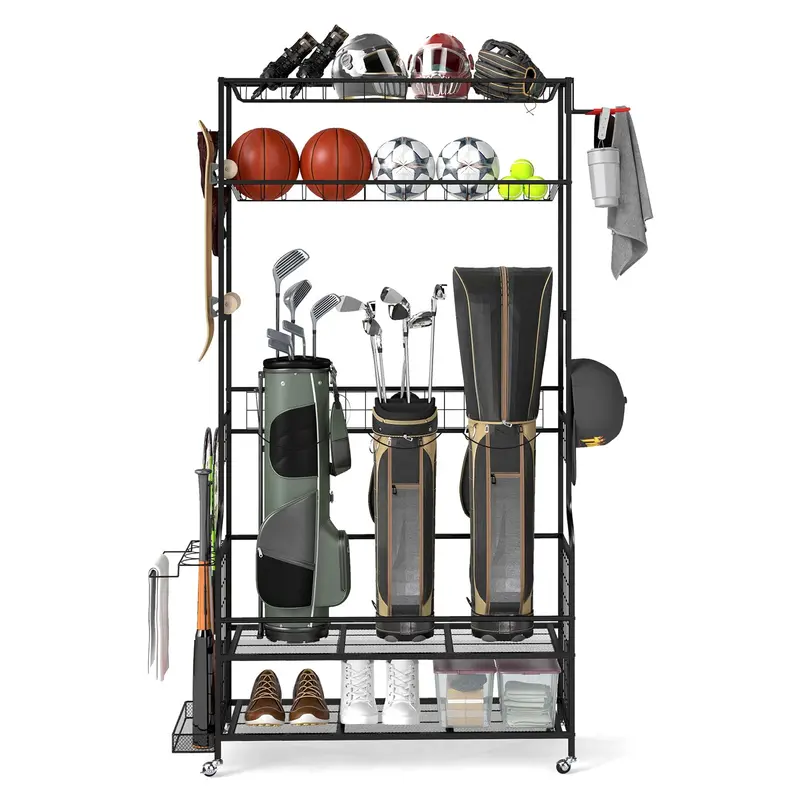 Goplus 3-Golf-Taschen-Aufbewahrungsorganizer für die Garage – mobiler Sportausrüstungs-Organizer mit Rollen