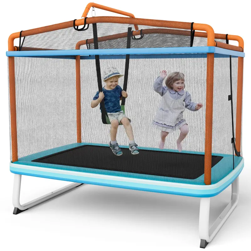 Goplus 3-in-1-Kindertrampolin mit Schaukel und Reckstange, 183 cm (6 Fuß), Mini-Trampolin für Kleinkinder mit Sicherheitsnetz