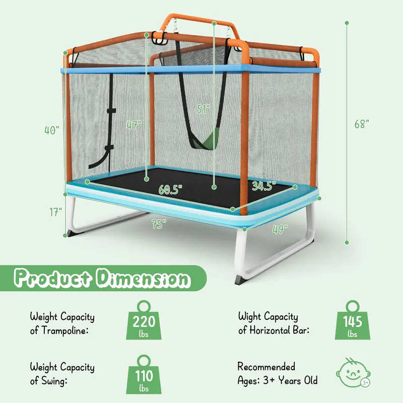 Goplus 3-in-1-Kindertrampolin mit Schaukel und Reckstange, 183 cm (6 Fuß), Mini-Trampolin für Kleinkinder mit Sicherheitsnetz