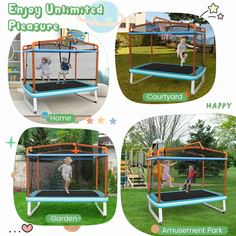 Goplus 3-in-1-Kindertrampolin mit Schaukel und Reckstange, 183 cm (6 Fuß), Mini-Trampolin für Kleinkinder mit Sicherheitsnetz
