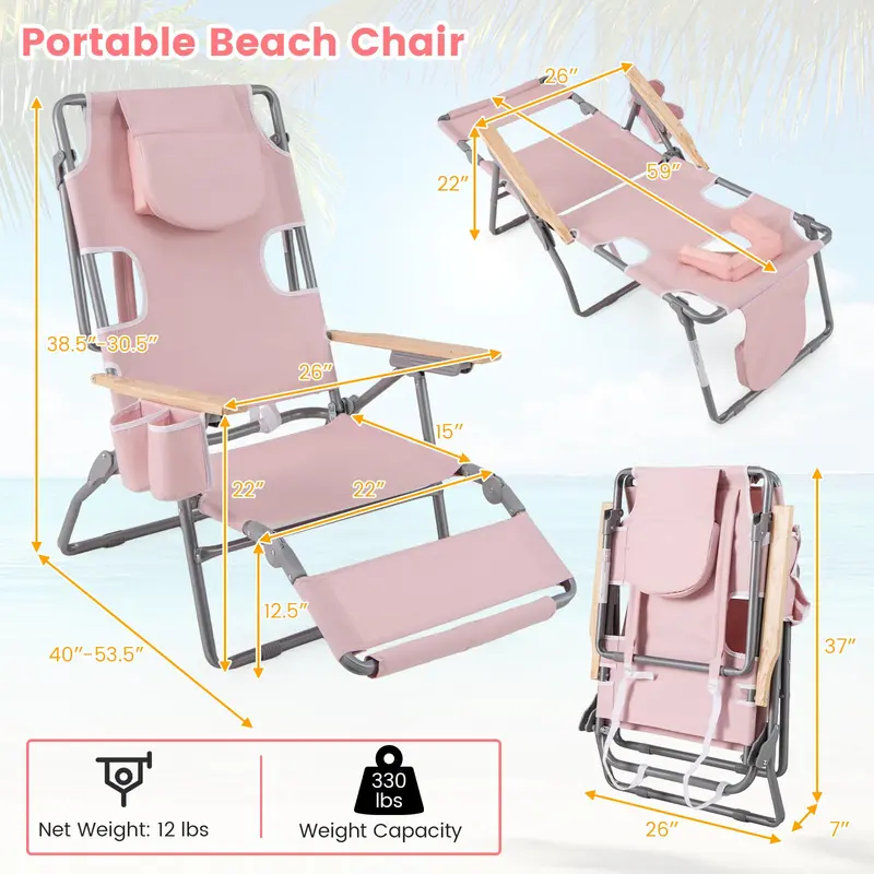 Goplus 3-in-1-Klappbarer Strandstuhl – Hochbelastbarer Liegestuhl für Camping, am Pool oder zum Sonnenbaden