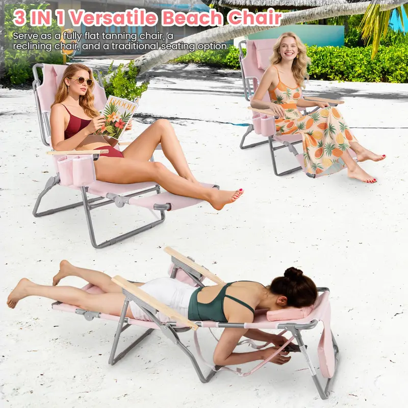 Goplus 3-in-1-Klappbarer Strandstuhl – Hochbelastbarer Liegestuhl für Camping, am Pool oder zum Sonnenbaden