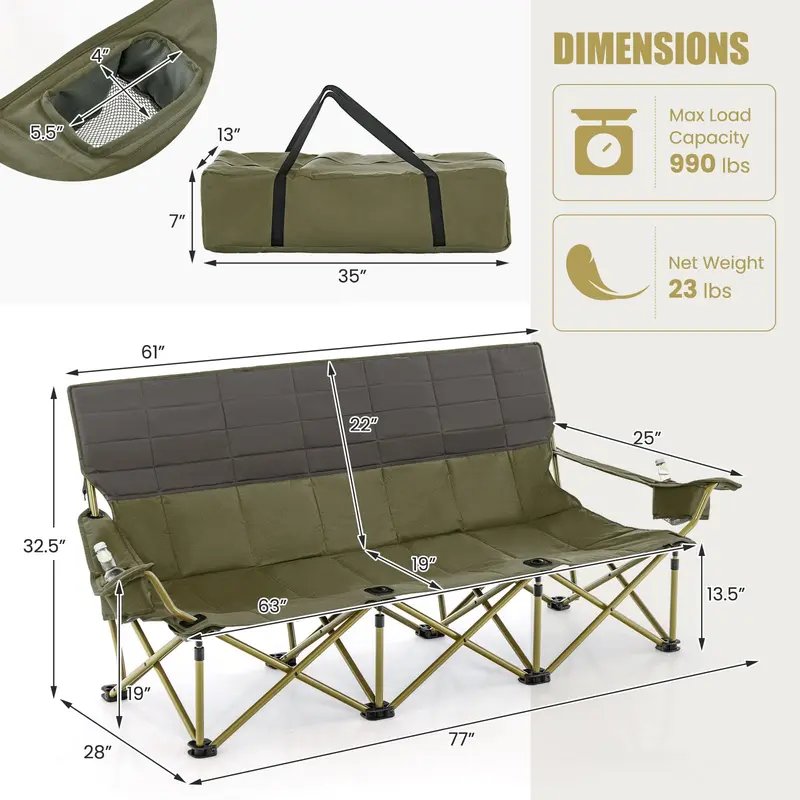 GoPlus 3-Personen-Campingstuhl für Erwachsene, faltbarer Outdoor-Couchstuhl für 3 Personen (3-Personen-Sitzfläche)