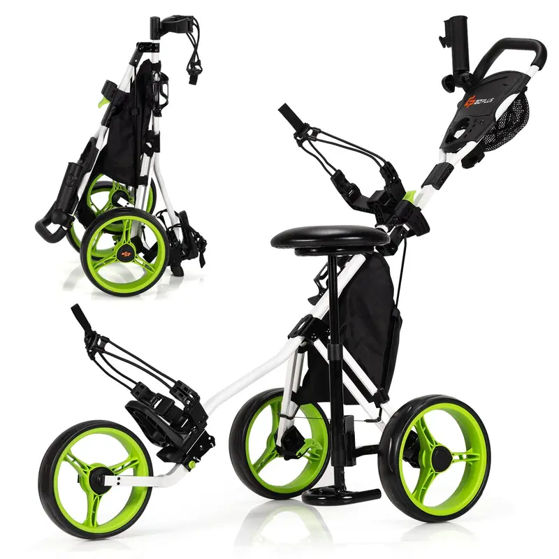 Goplus 3-Räder-Golf-Schiebewagen, leichter, faltbarer Caddy-Wagen mit verstellbarem Sitz
