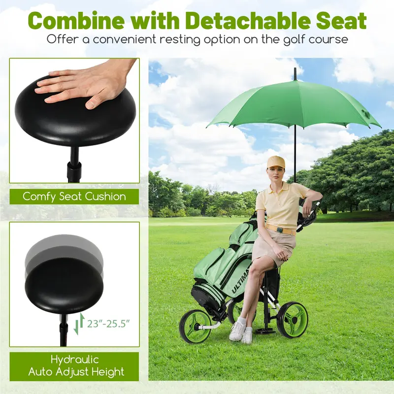 Goplus 3-Räder-Golf-Schiebewagen, leichter, faltbarer Caddy-Wagen mit verstellbarem Sitz