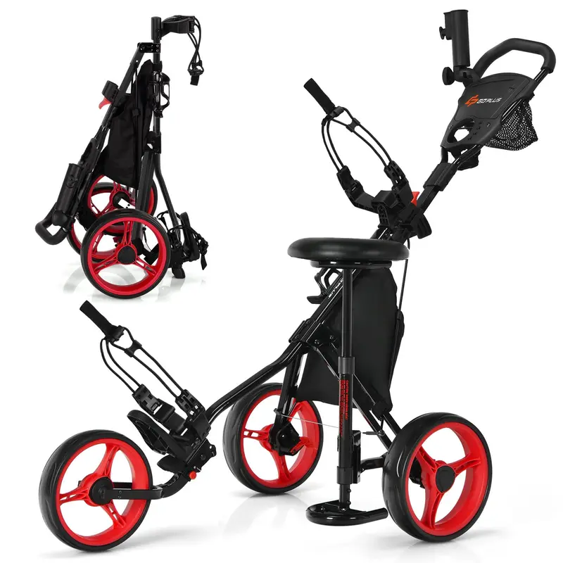 Goplus 3-Räder-Golf-Schiebewagen, leichter, faltbarer Caddy-Wagen mit verstellbarem Sitz