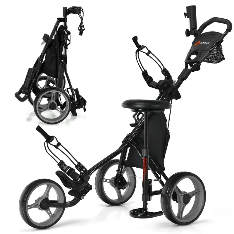 Goplus 3-Räder-Golf-Schiebewagen, leichter, faltbarer Caddy-Wagen mit verstellbarem Sitz
