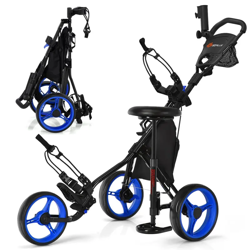 Goplus 3-Räder-Golf-Schiebewagen, leichter, faltbarer Caddy-Wagen mit verstellbarem Sitz