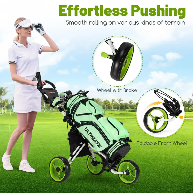 Goplus 3-Räder-Golf-Schiebewagen, leichter, faltbarer Caddy-Wagen mit verstellbarem Sitz